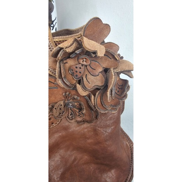 Lucky Brand Handbag Brown Italian Leather Boho Floral Applique Shoulder Bag Rare - Picture 4 of 16